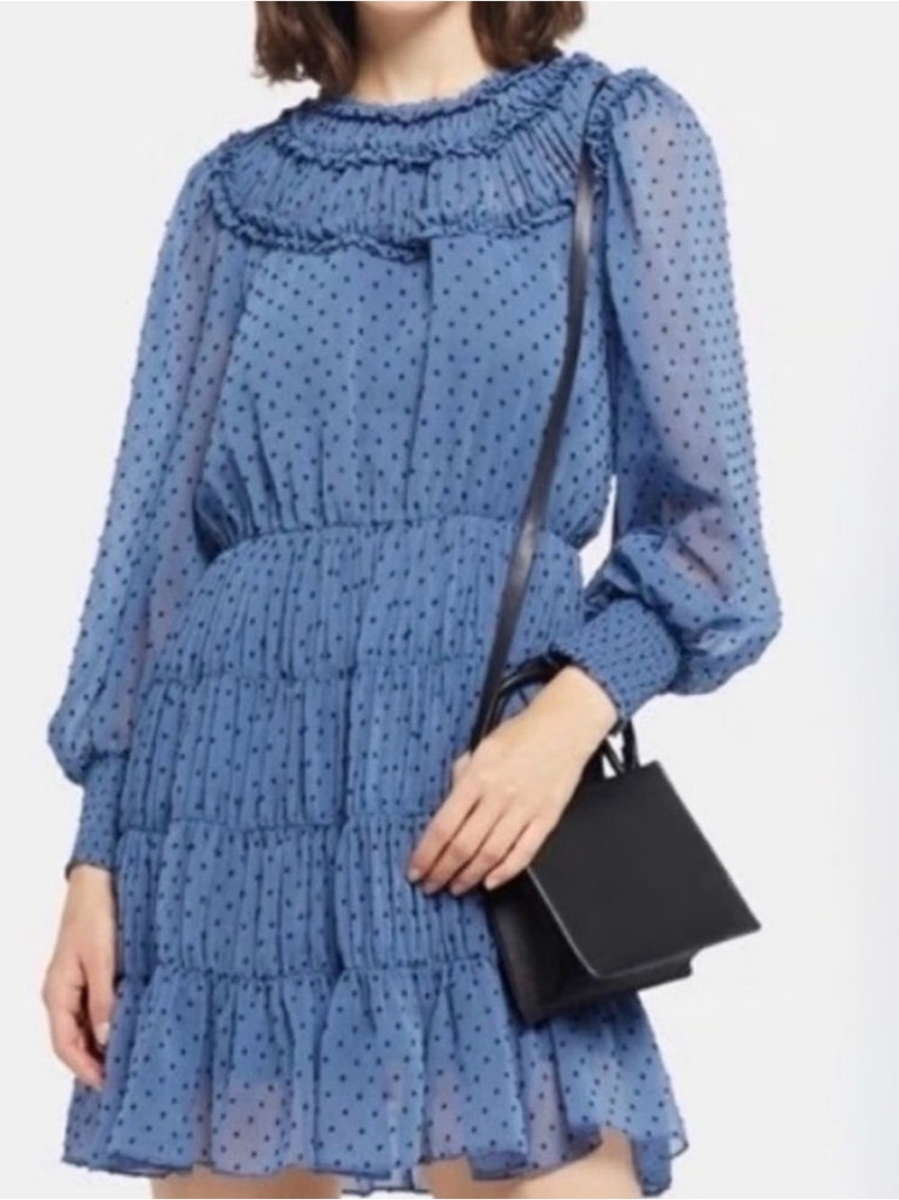Gorgeous Blue Polka Dot Long-Sleeve Ruffle Tiered Dress Blue & Black (US 8-10) 😍